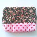 Pink Floral And Polka Dots Print Zipper Pouch..
