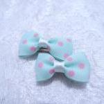 Mini Pastel Blue With Pink Polka Dots Bow Hair..