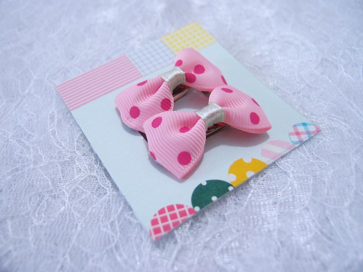 Mini Pastel Pink With Dark Pink Polka Dots Bow Hair Pins ( 2 In A Set )