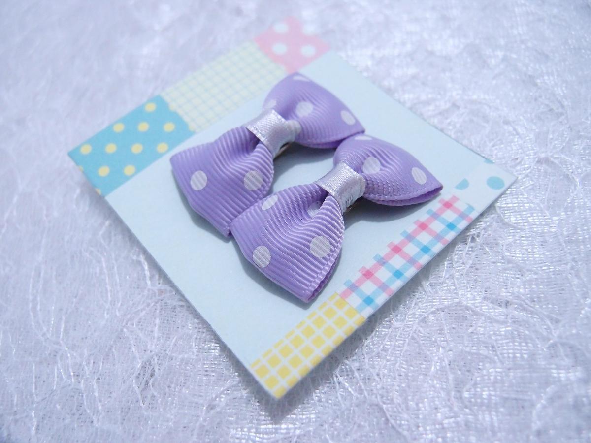 Mini Pastel Purple With White Polka Dots Bow Hair Pins ( 2 In A Set )