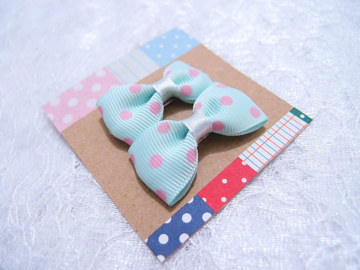 Mini Pastel Blue With Pink Polka Dots Bow Hair Pins ( 2 In A Set )