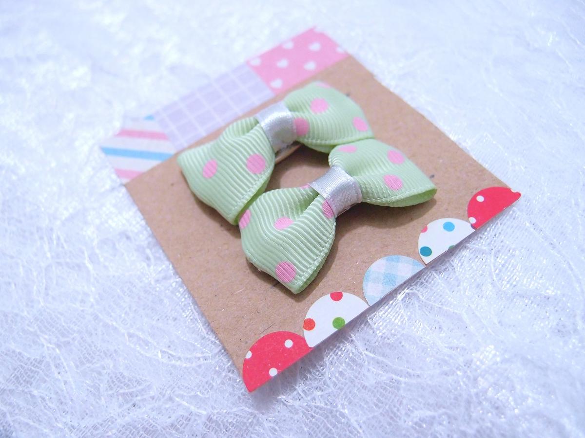 Mini Pastel Green With Pink Polka Dots Bow Hair Pins ( 2 In A Set )