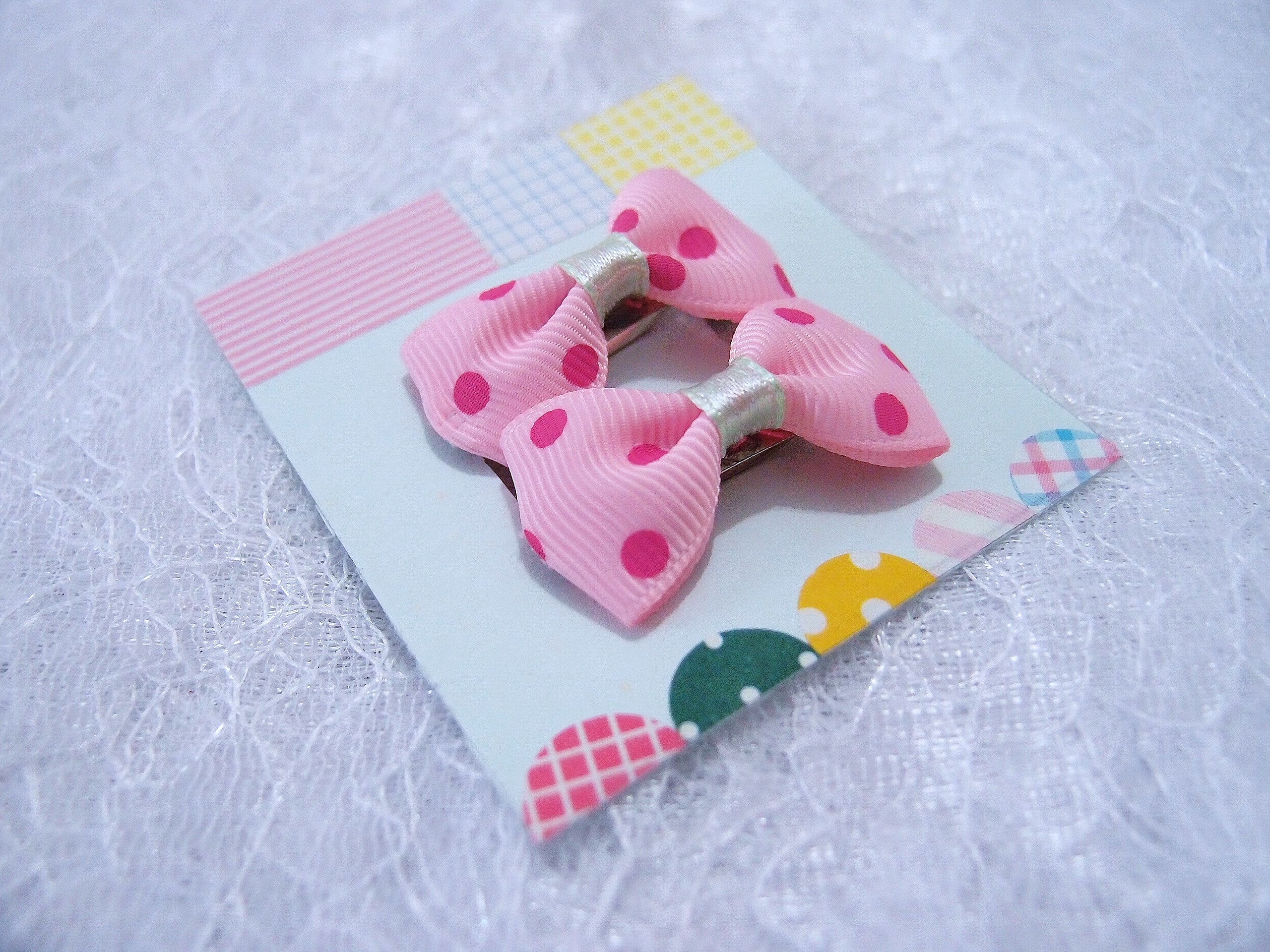 Mini Pastel Pink With Dark Pink Polka Dots Bow Hair Pins ( 2 In A Set